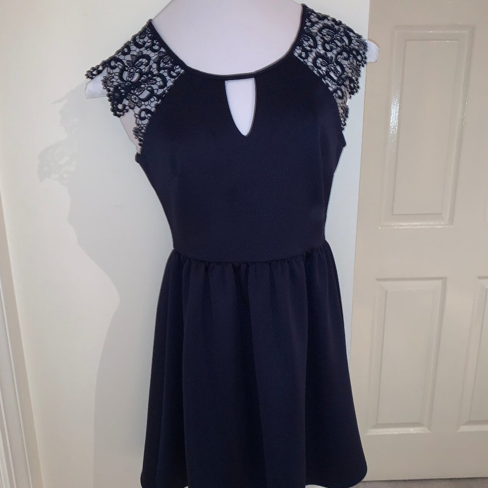 Navy Skater Dress with Lace Sleeves